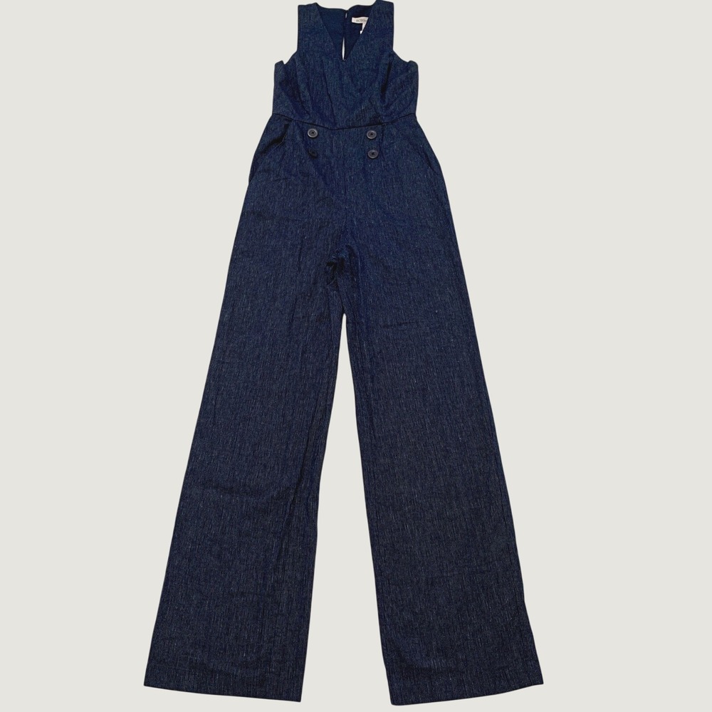 BCBGeneration Jumpsuit Womens Size 0 Navy Blue Pinstripe Sleeveless Cotton Linen
